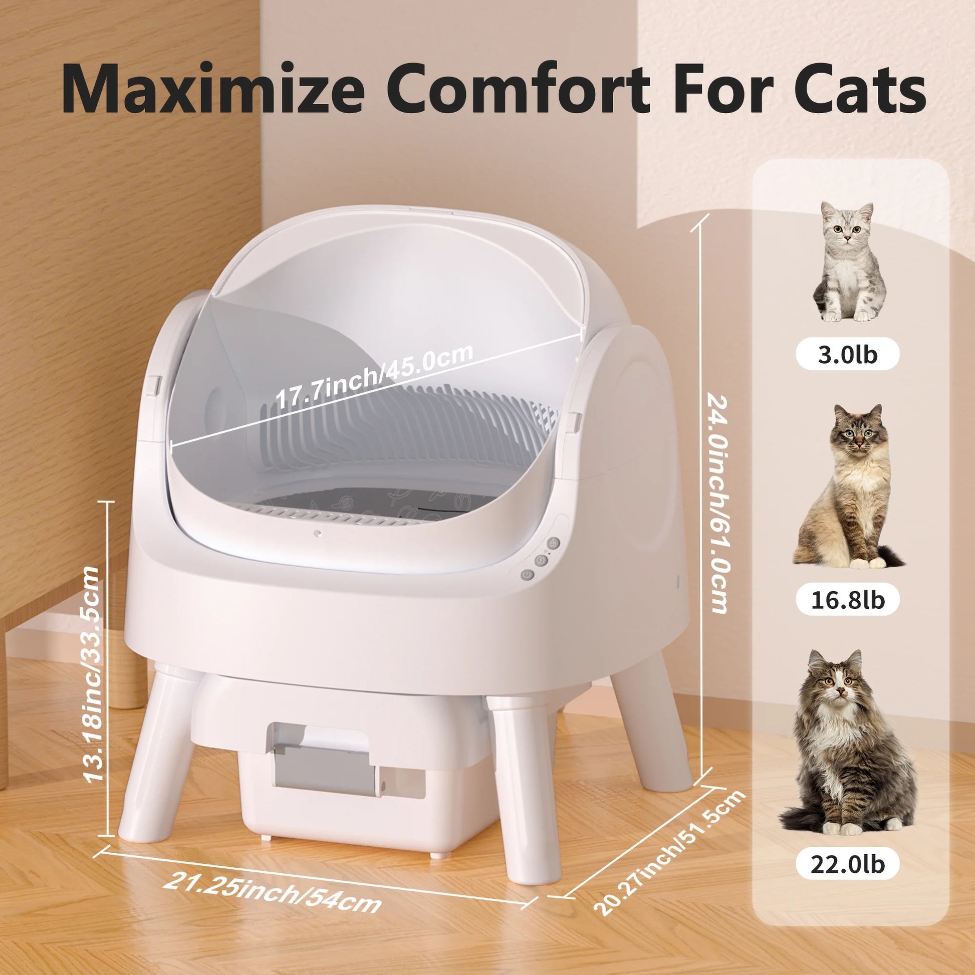 Self-Cleaning Litter Box for Cats with dimensions and comfort features for multiple cat weights.