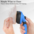 Self-cleaning slicker brush being cleaned by pressing the button to retract bristles and remove fur.