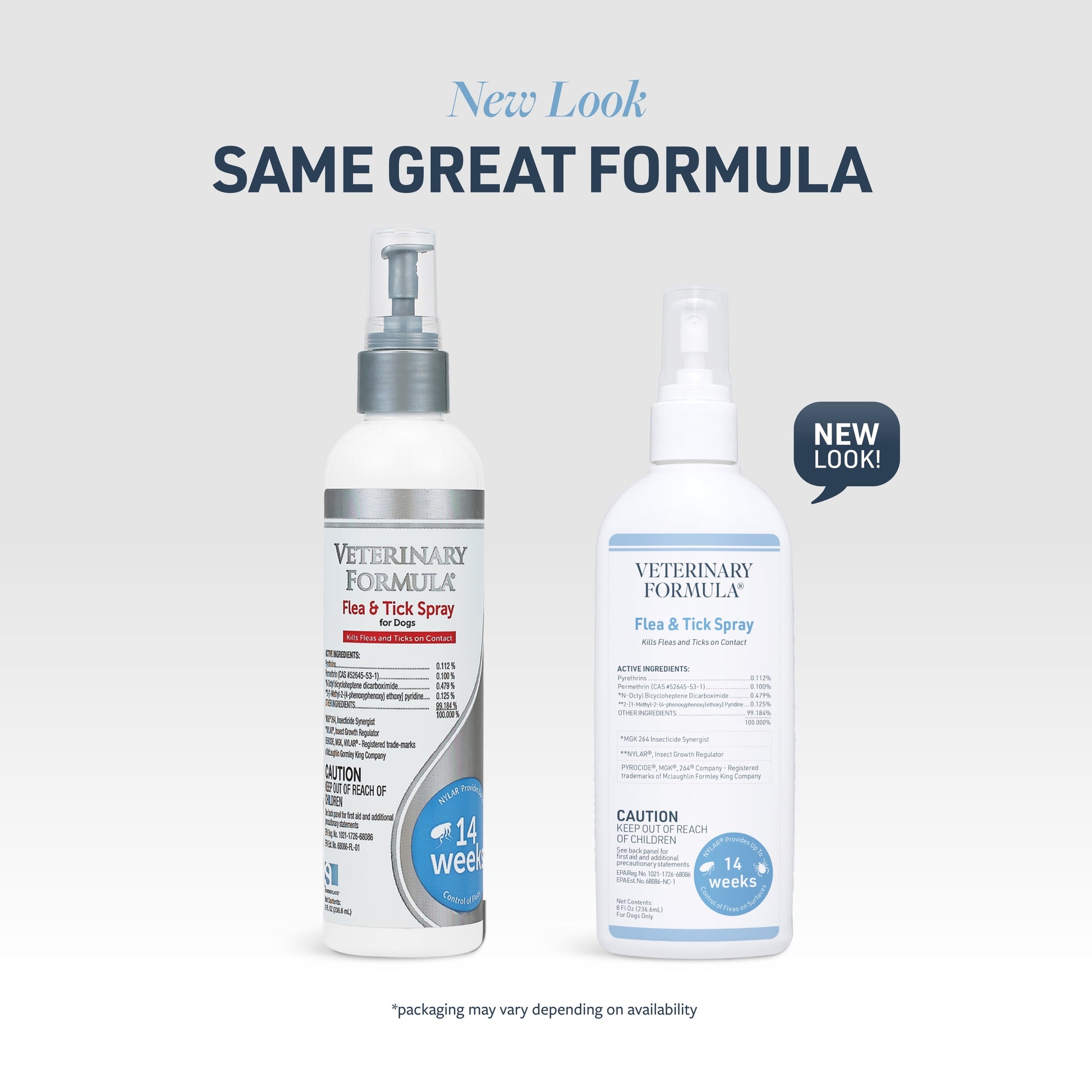 Flea and tick spray for dogs showing old and new packaging design with same veterinary formula and updated bottle look