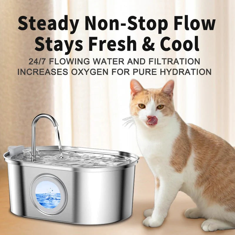 Automatic pet water dispenser with steady flow, keeping water fresh for cats and dogs.