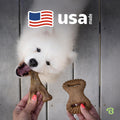 Durable Dog Chew Toy for Aggressive Chewers, USA made, with a dog enjoying two chew toys.