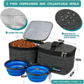 Pet Food Storage Container and Bowls with two food containers and collapsible bowls displayed.