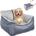 Dog booster car seat for small dogs featuring cozy design and removable cover for easy cleaning.