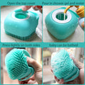 Dog bath brush with shampoo dispenser for easy pet bathing and cleaning with shower gel.