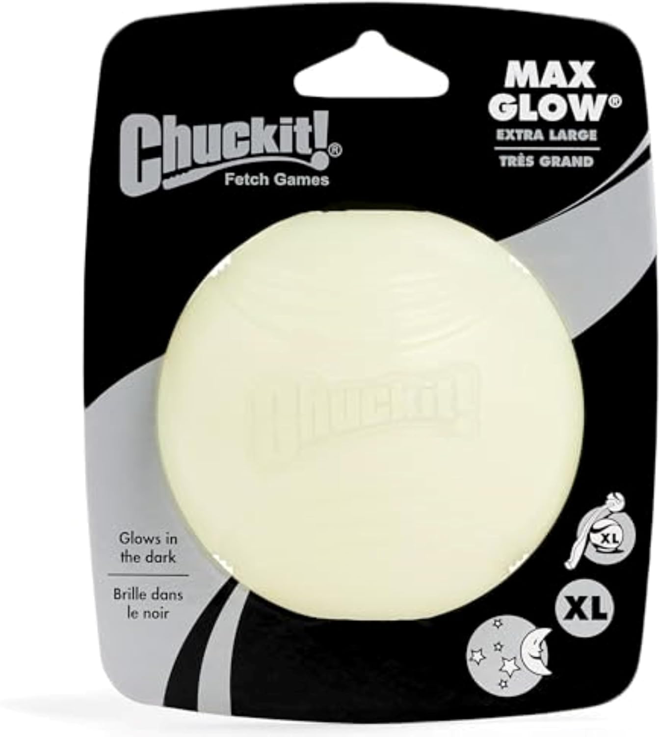 Glow in the dark dog ball packaging front Chuckit Max Glow XL ball