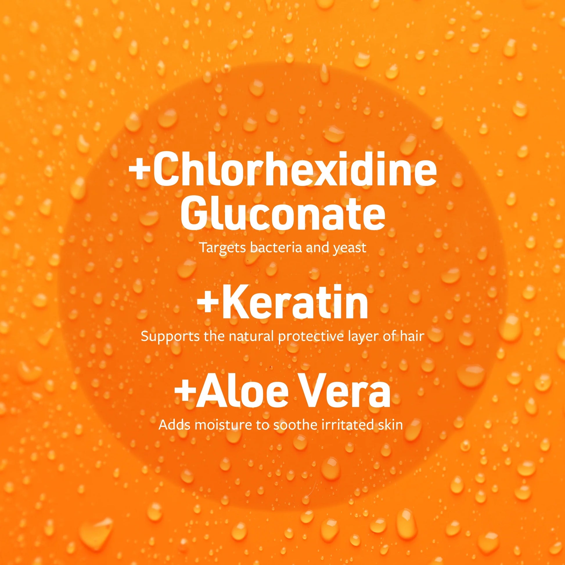 Antiseptic antifungal spray for pets ingredients: Chlorhexidine Gluconate targets bacteria and yeast, Keratin supports hair, Aloe Vera soothes skin.