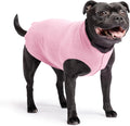 Comfortable Dog Fleece Jacket for Winter on a black dog wearing a pink fleece coat, ideal for cold weather.