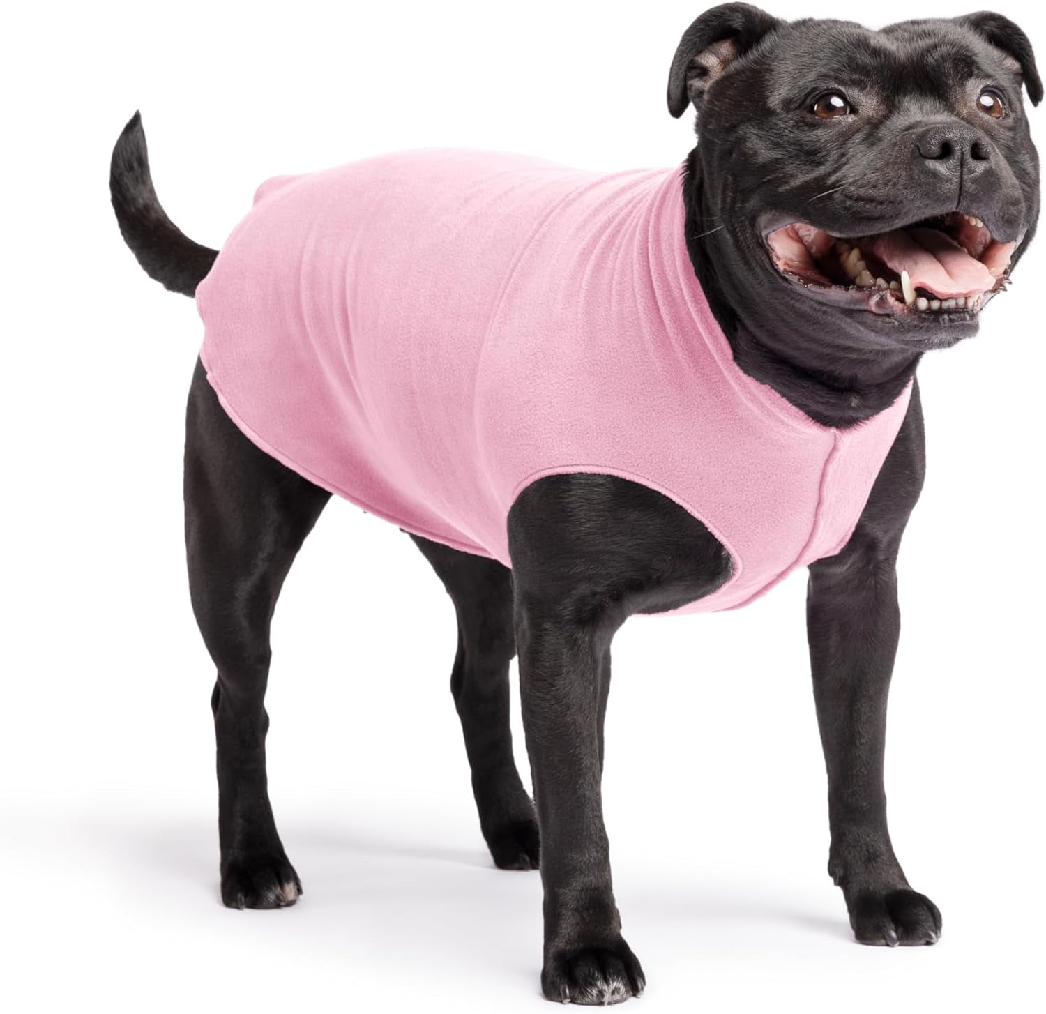 Comfortable Dog Fleece Jacket for Winter on a black dog wearing a pink fleece coat, ideal for cold weather.