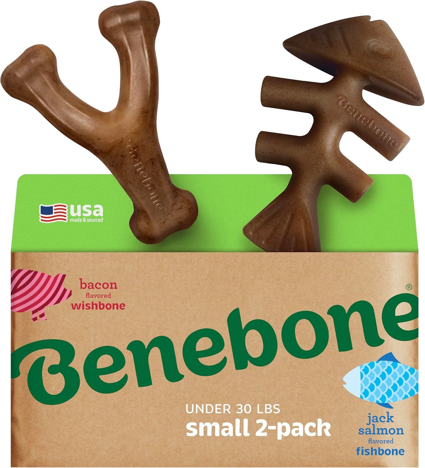 Durable Dog Chew Toy for Aggressive Chewers – Benebone small 2-pack featuring bacon and salmon flavors.
