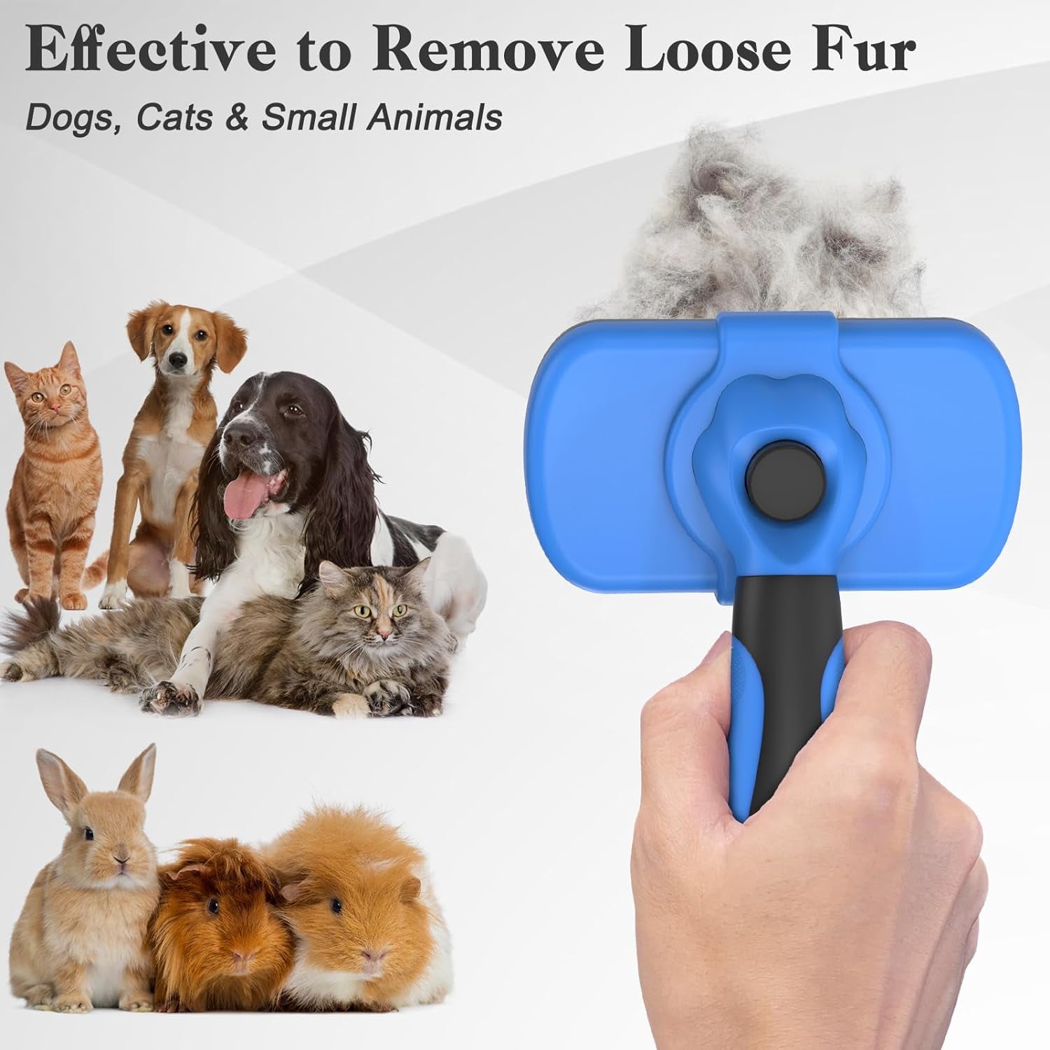Self-cleaning slicker brush for effective removal of loose fur from dogs, cats, and small animals.