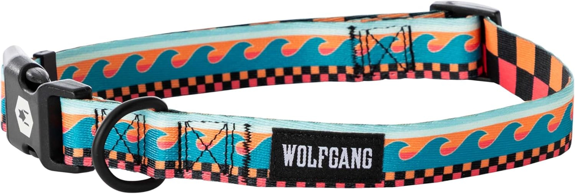Wolfgang Heavy Duty Adjustable Dog Collar with colorful wave and checkered pattern design.