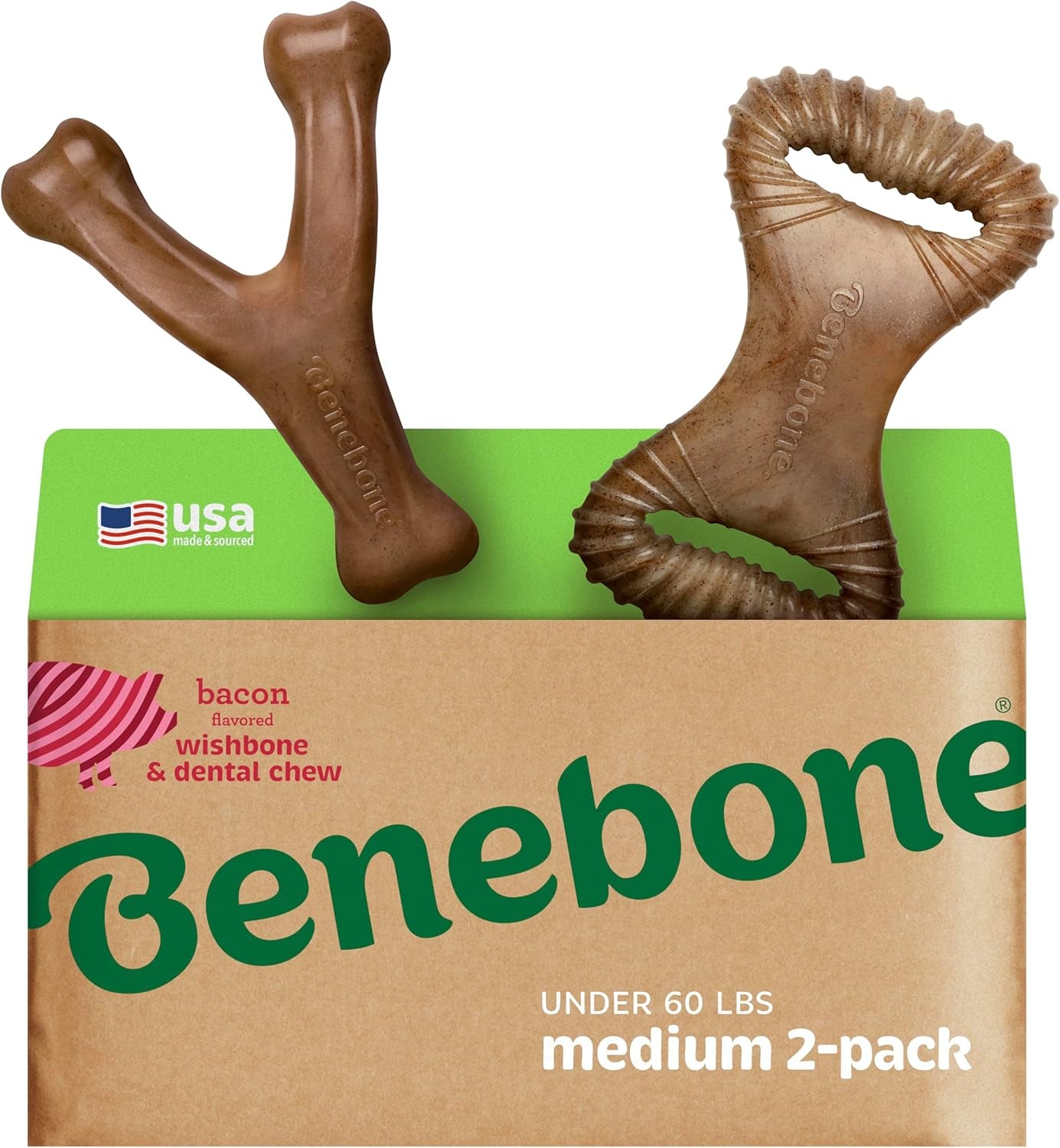 Durable Dog Chew Toy for Aggressive Chewers – Benebone medium 2-pack with bacon flavor for strong chewers.