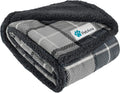 Gray plaid reversible sherpa dog blanket folded showing soft gray fleece pattern and thick dark gray sherpa lining for warmth and pet comfort