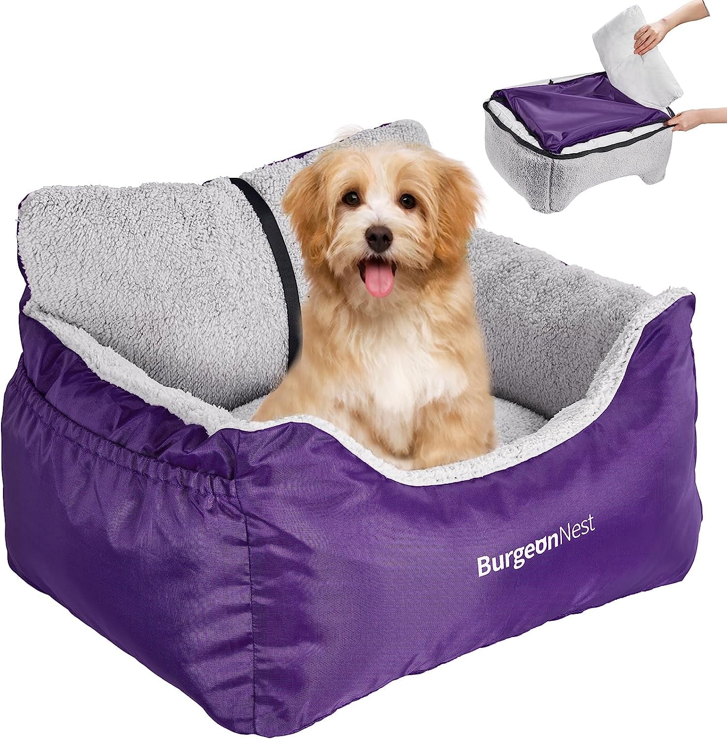 Dog booster car seat for small dogs with plush interior and elevated design for comfort and security during travel.
