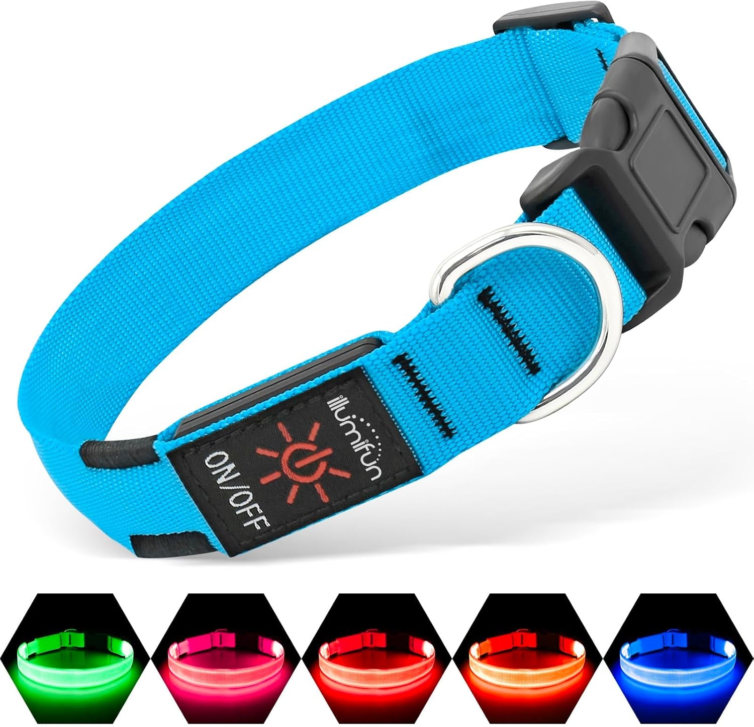 Blue LED dog collar with adjustable buckle durable strap and multiple light modes for nighttime visibility