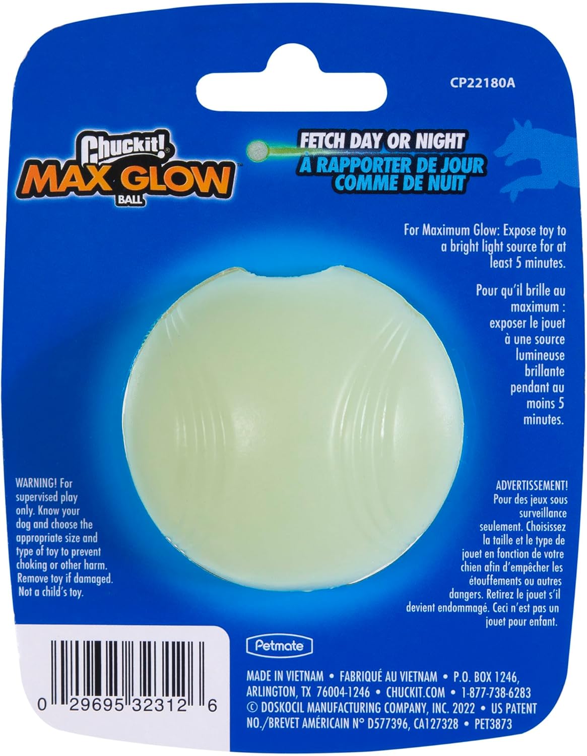 Glow in the dark dog ball packaging back view Chuckit Max Glow instructions