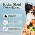 PAWFUME Royal Lavender Probiotic Dog Grooming Spray in a pocket, showcasing its easy-to-spray, no-leak design and compact size.