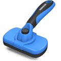Self-cleaning slicker brush for dogs and cats, ideal deshedding tool in blue color for gentle grooming.