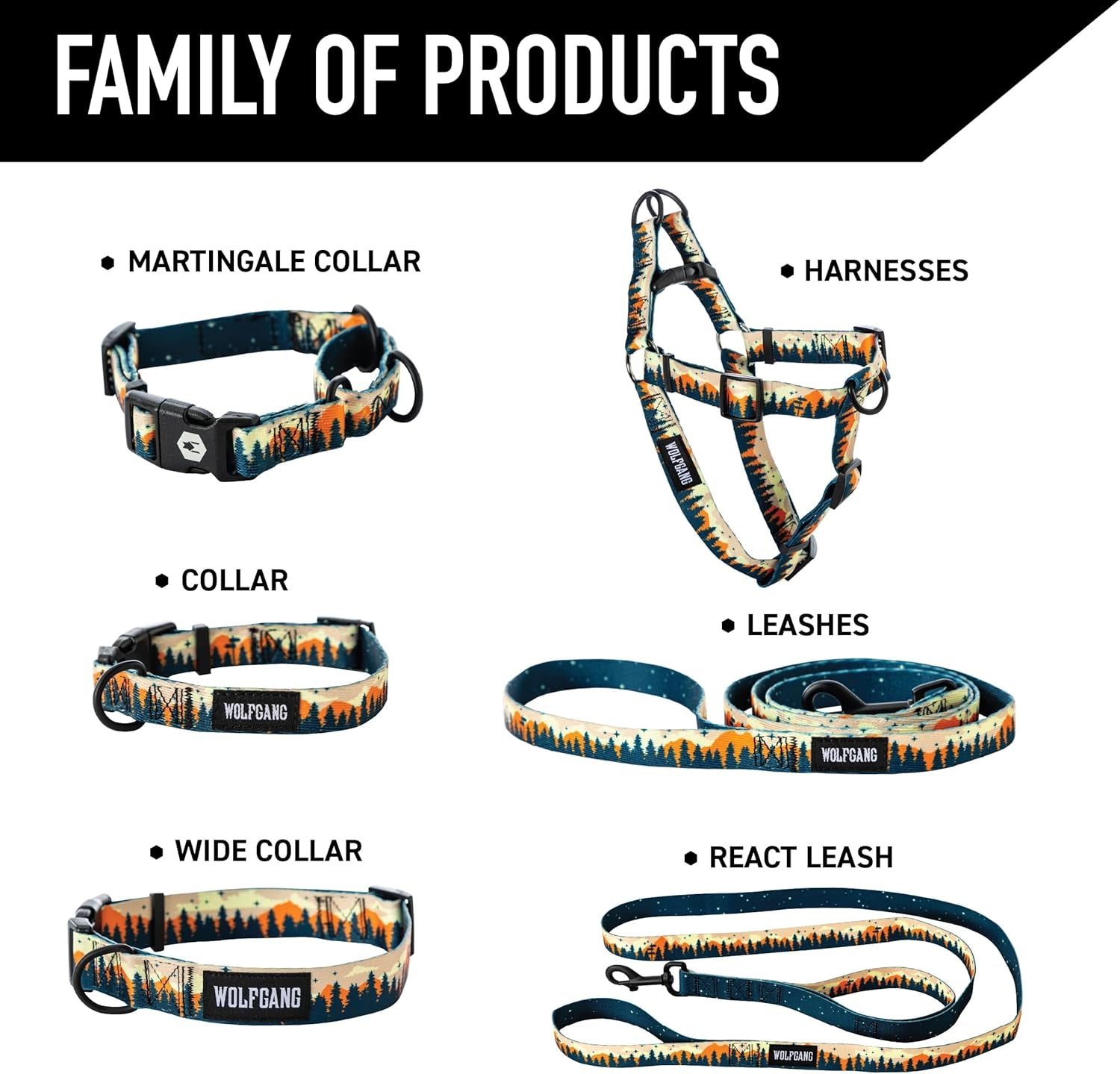 Family of products featuring Wolfgang Heavy Duty Adjustable Dog Collar, martingale collar, harnesses, leashes, and wide collar.