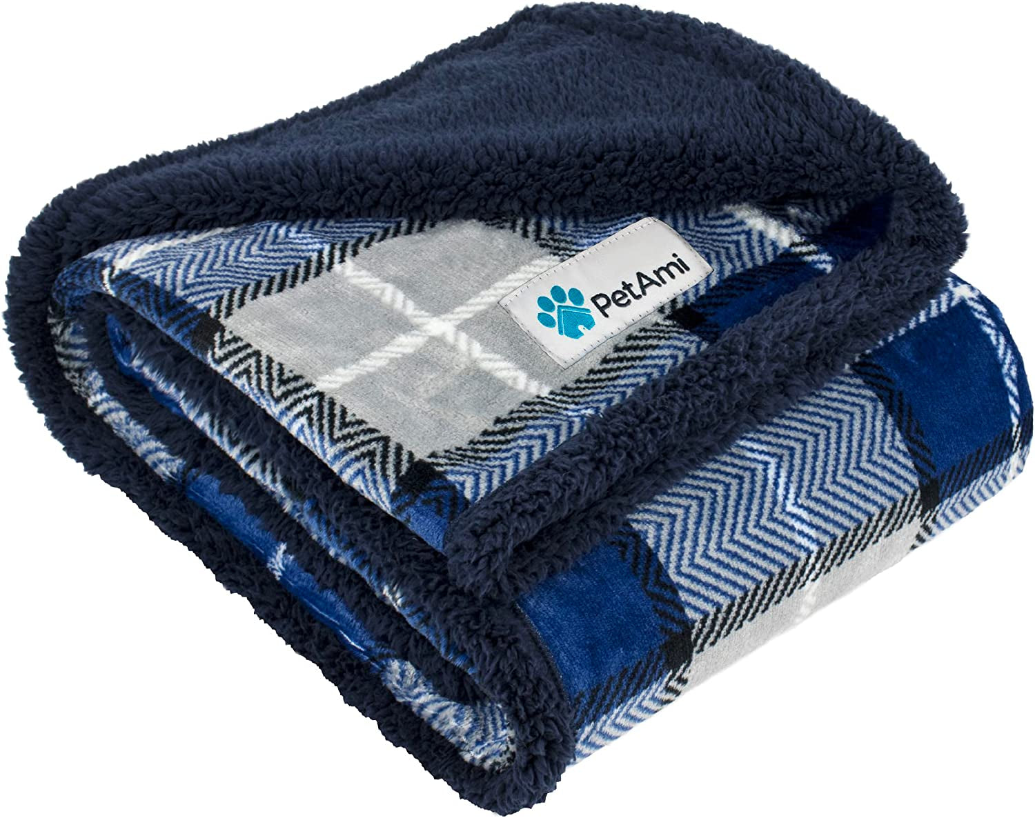 Blue plaid reversible sherpa dog blanket folded showing soft navy sherpa lining and patterned fleece exterior for pet comfort and furniture protection