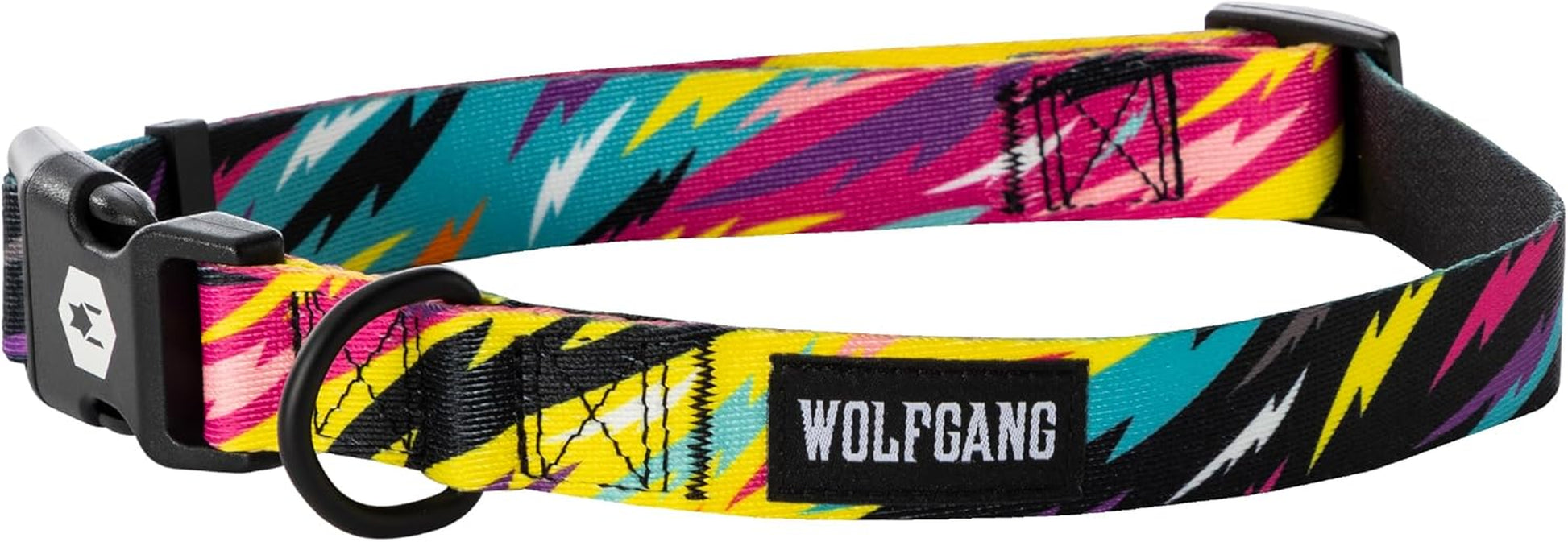 Wolfgang Heavy Duty Adjustable Dog Collar in colorful lightning bolt design with quick-release buckle.