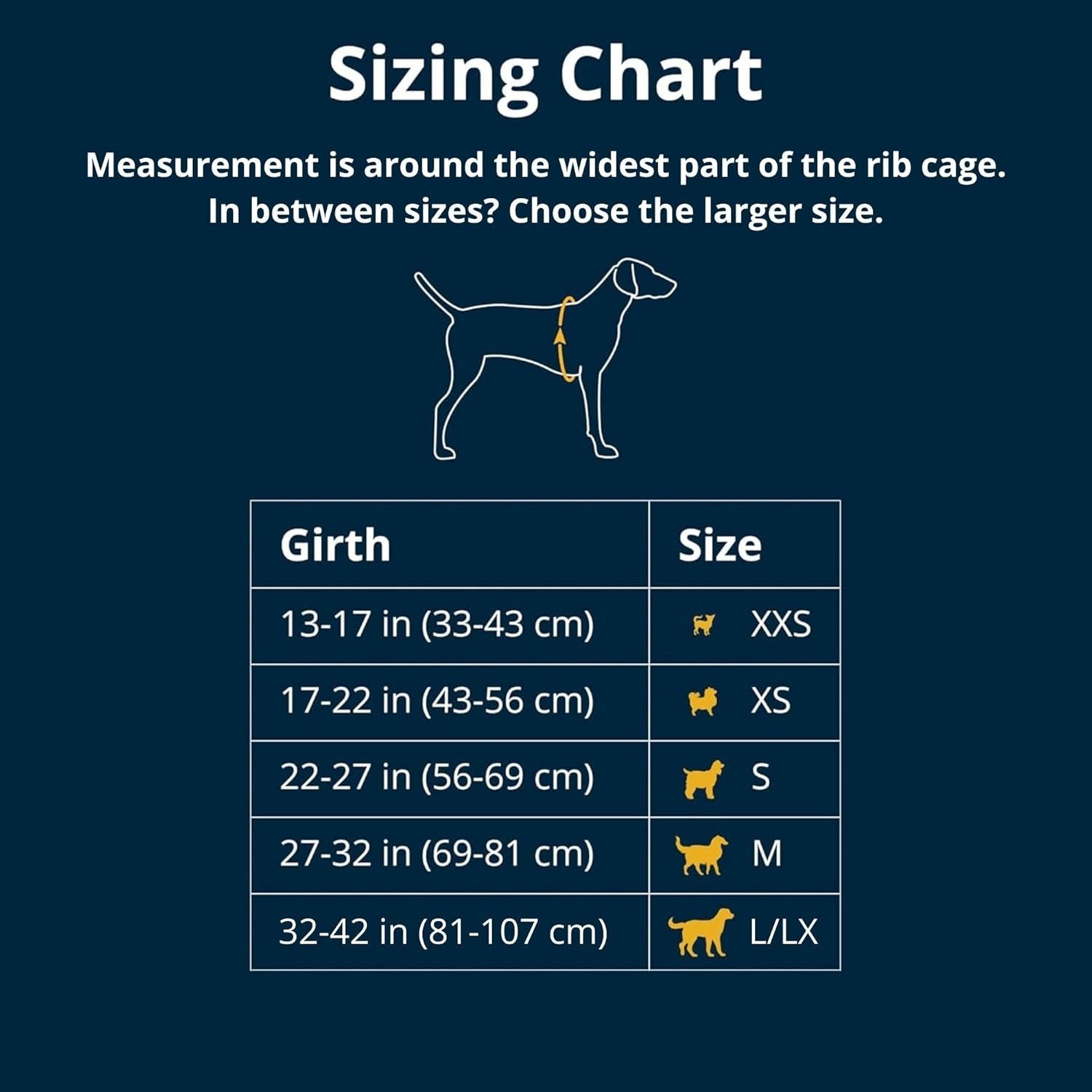 Sizing Chart for No Pull Dog Harness for Everyday Comfort with measurements for different dog sizes.