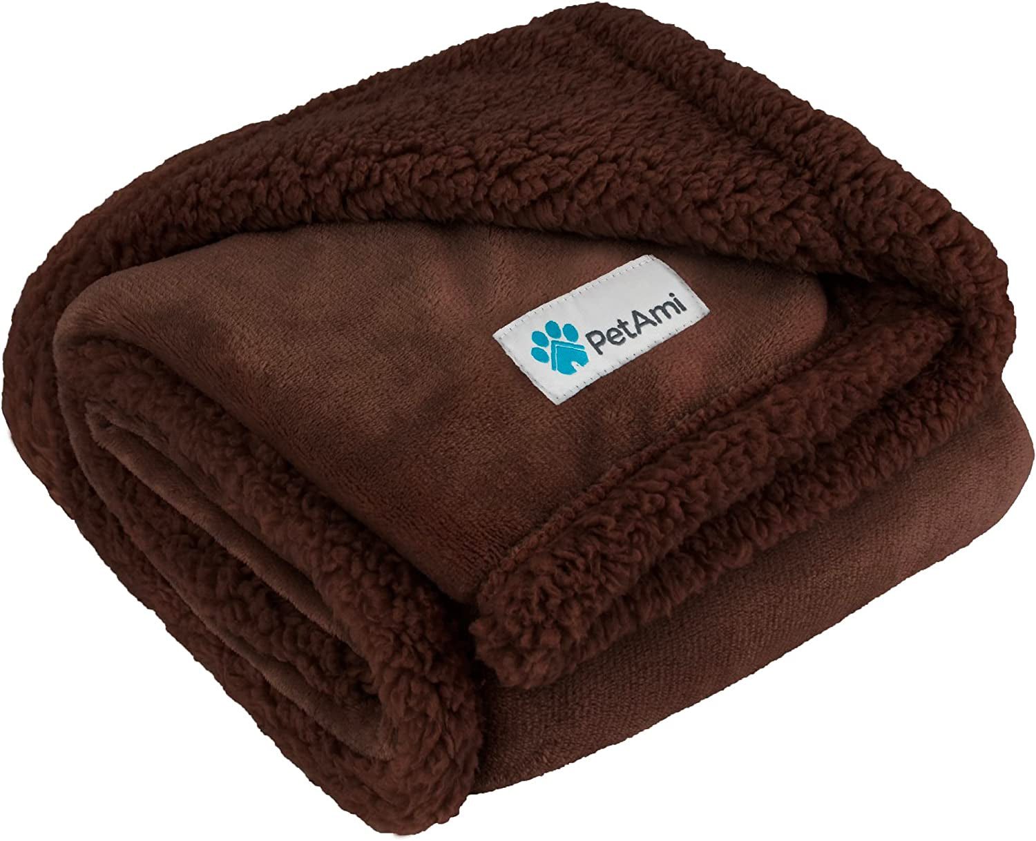 Brown reversible sherpa dog blanket folded showing soft brown fleece exterior and thick plush sherpa lining for warmth and pet comfort