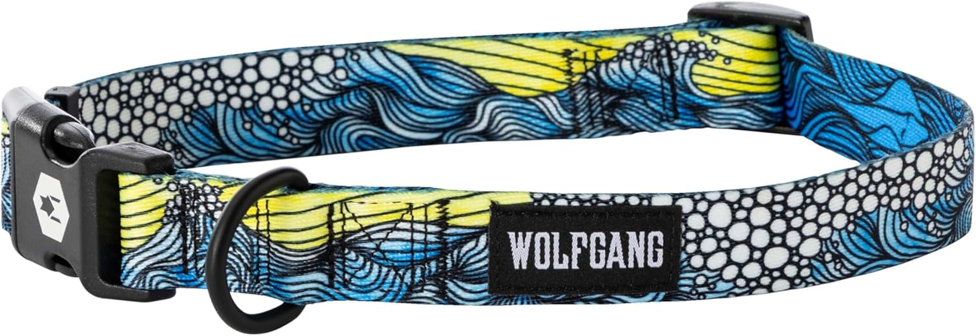 Wolfgang Heavy Duty Adjustable Dog Collar with colorful wave design and quick-release buckle for dogs.