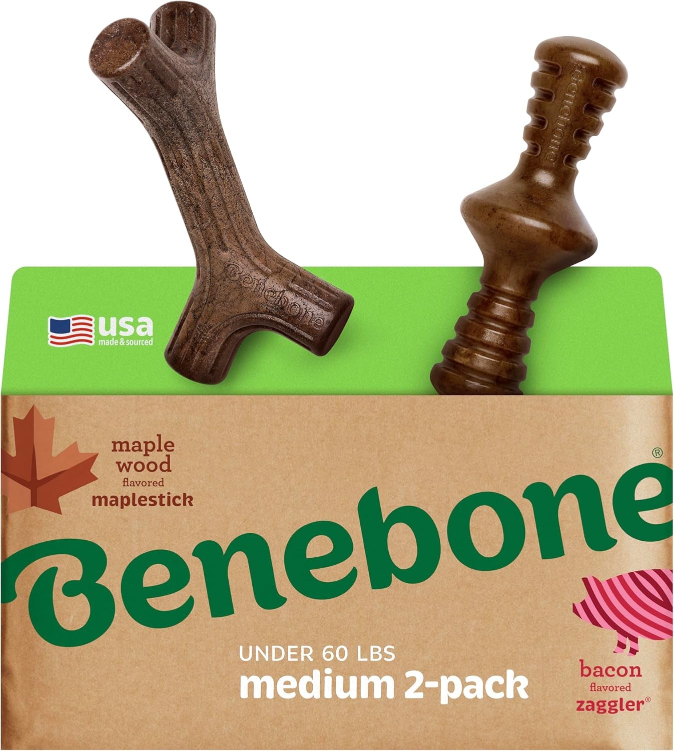 Benebone durable dog chew toy for aggressive chewers medium dogs bacon and maple wood flavored chew 2 pack