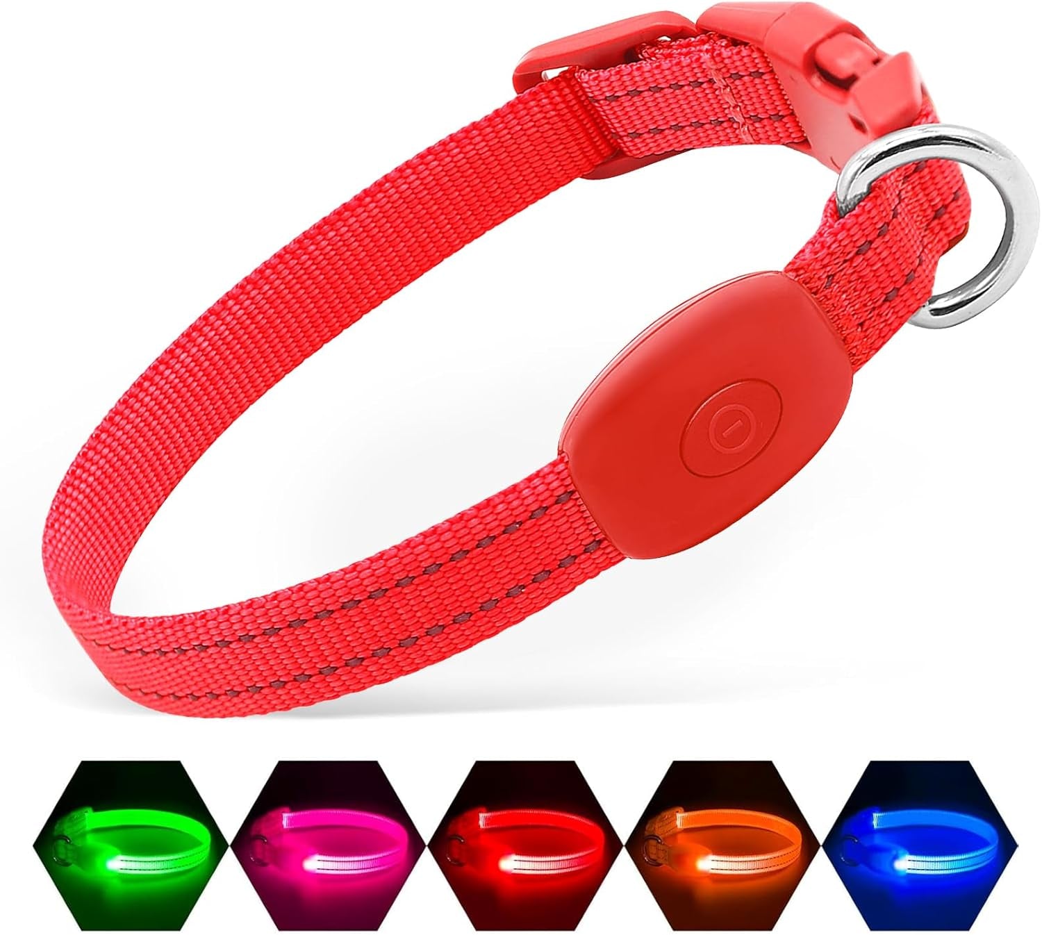 LED dog collar in red with adjustable fit and vibrant LED lights for nighttime visibility and safety.