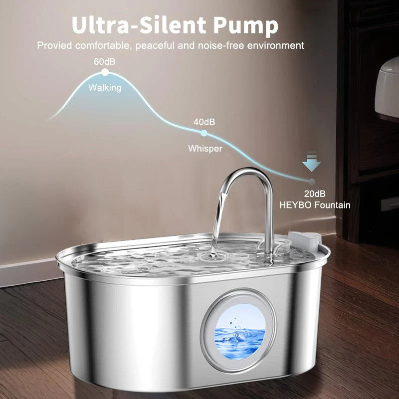 Automatic pet water dispenser featuring an ultra-silent pump for a peaceful environment and consistent hydration.