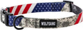 Wolfgang Heavy Duty Adjustable Dog Collar featuring patriotic design with camo and American flag pattern.