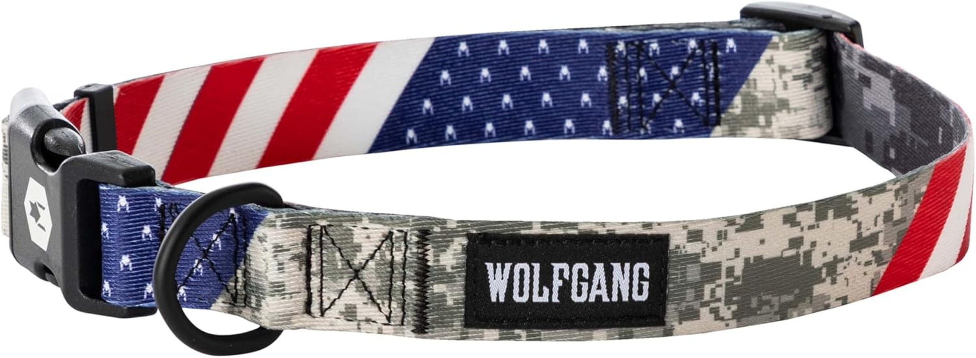 Wolfgang Heavy Duty Adjustable Dog Collar featuring patriotic design with camo and American flag pattern.