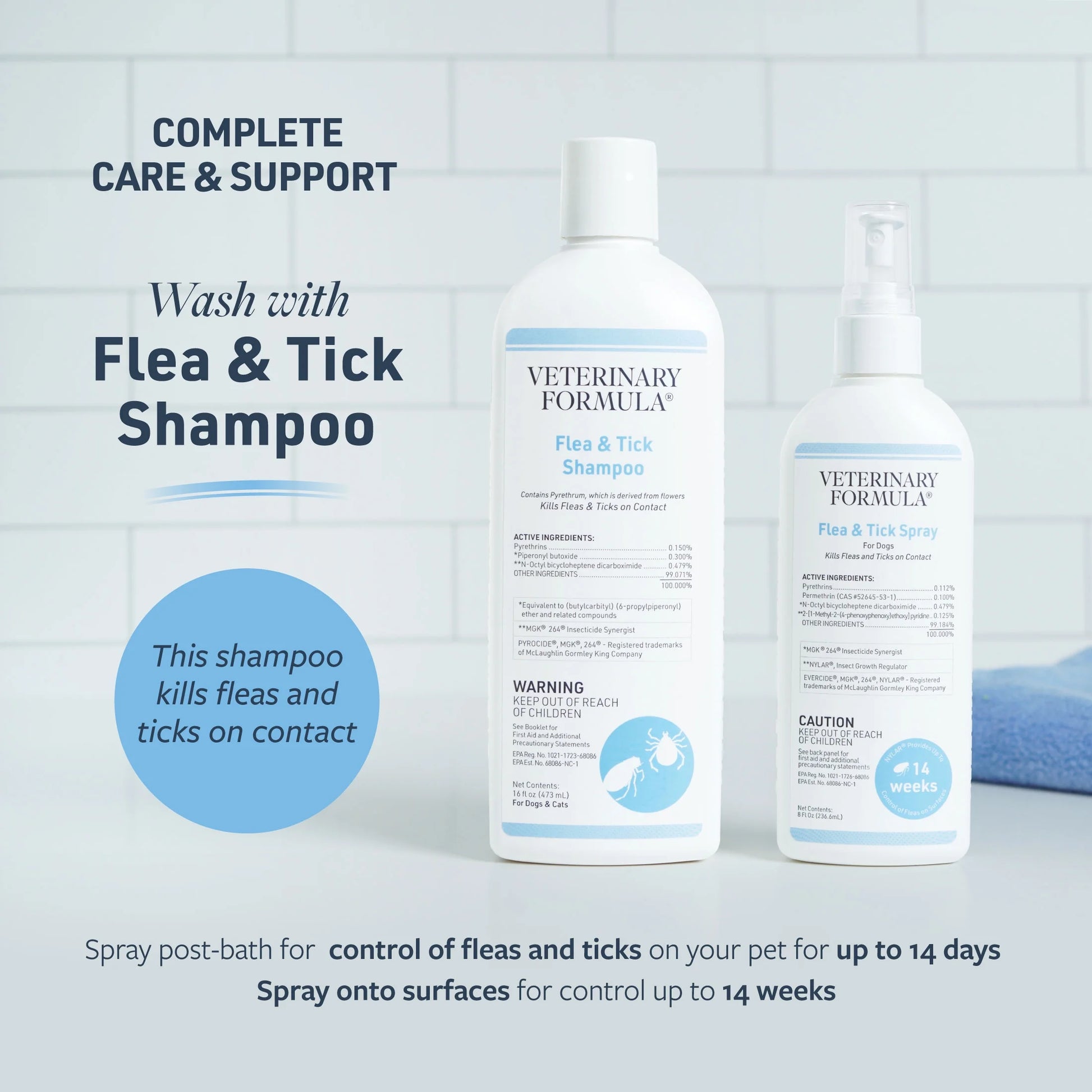 Flea and Tick Spray and Shampoo for effective control of fleas and ticks on pets and surfaces.