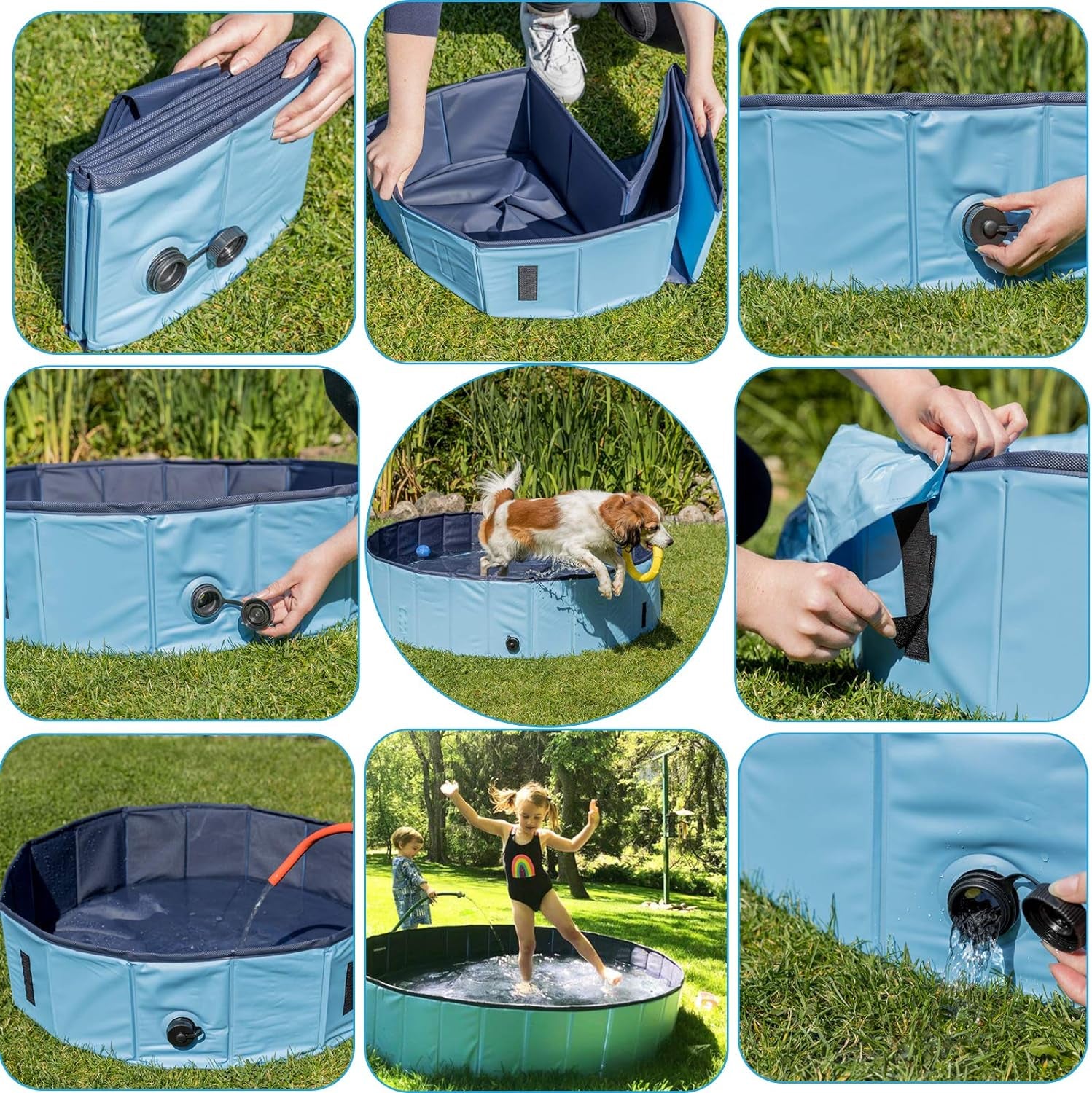 Foldable dog pool setup steps and features portable pet pool drain valve durable design