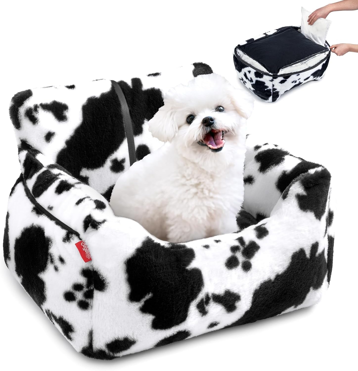 Dog booster car seat for small dogs with a cozy design and a white fluffy dog inside for secure travel.