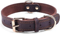 Genuine Leather Heavy Duty Dog Collar with gold hardware and stitching detail for durable pet wear.