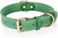 Genuine Leather Heavy Duty Dog Collar in green color with gold hardware and stitching details.