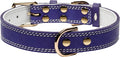 Genuine Leather Heavy Duty Dog Collar in purple with gold-tone studs and white stitching.