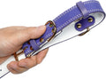 Hand holding a Genuine Leather Heavy Duty Dog Collar in purple with sturdy hardware.