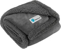 Gray reversible sherpa dog blanket folded showing soft gray fleece exterior and thick plush sherpa lining for warmth and pet comfort