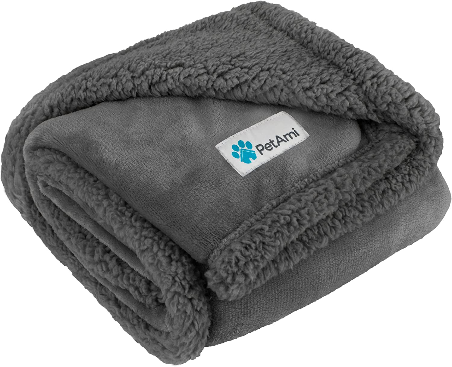 Gray reversible sherpa dog blanket folded showing soft gray fleece exterior and thick plush sherpa lining for warmth and pet comfort