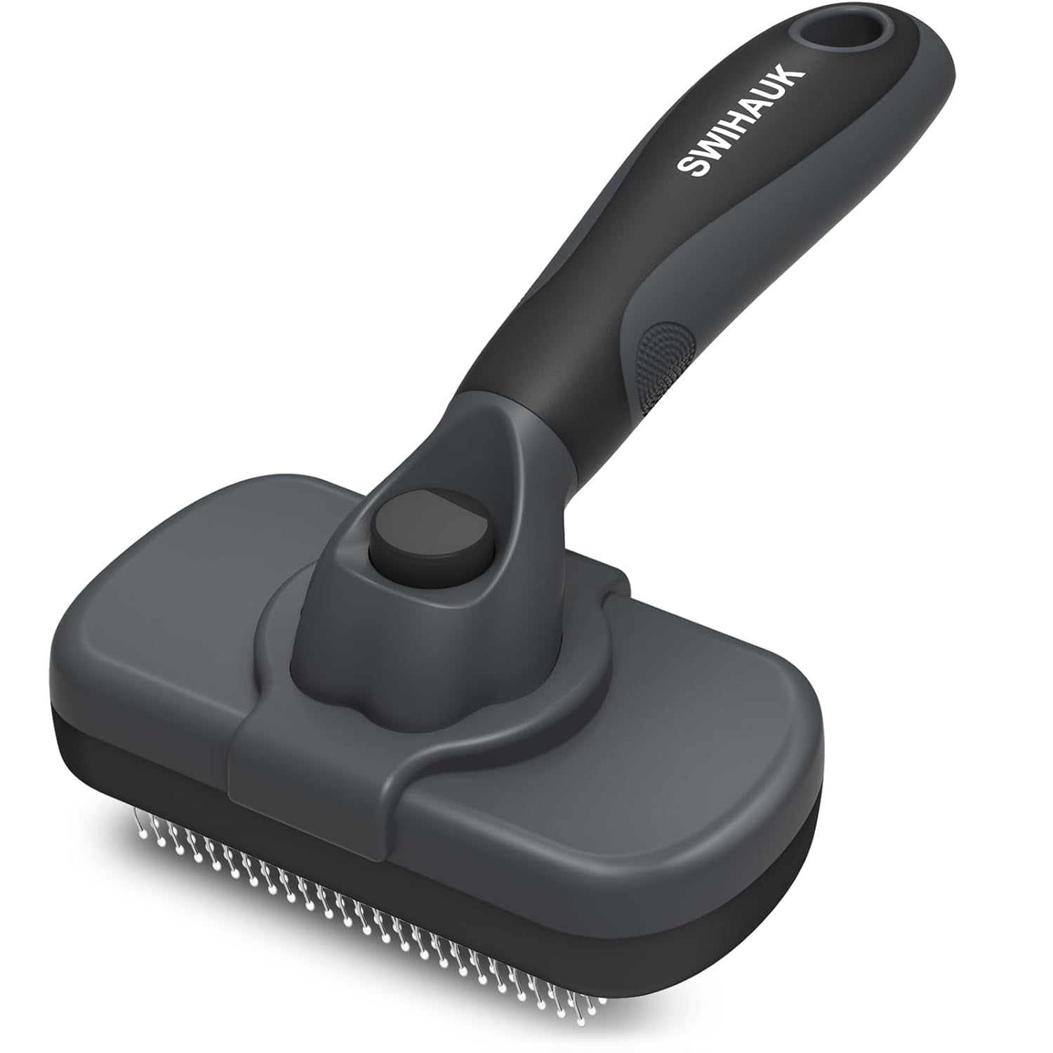 Self-cleaning slicker brush for dogs and cats with ergonomic handle and self-cleaning button.