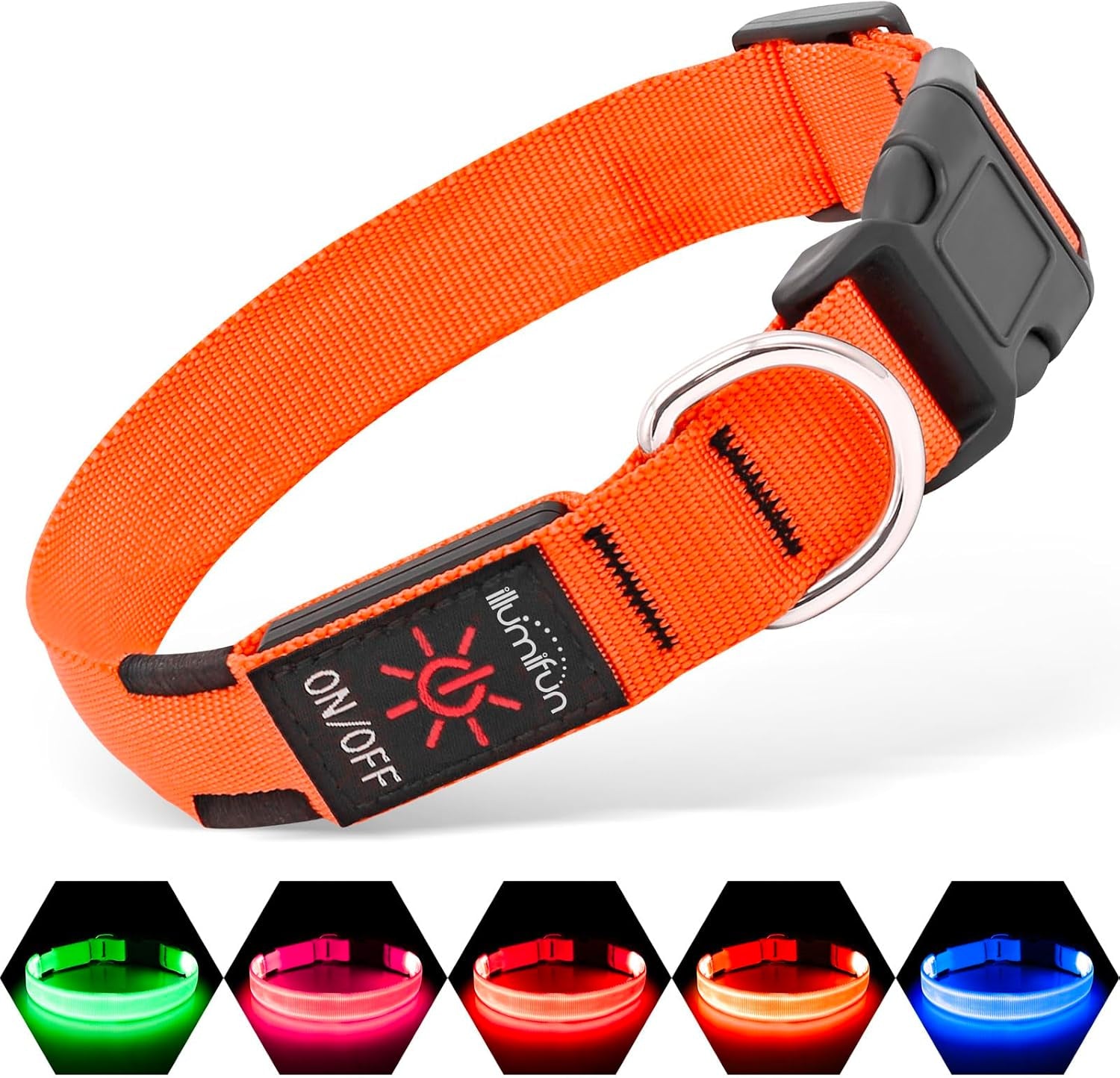 Blood Orange LED dog collar with adjustable buckle and multiple light modes for night safety and visibility