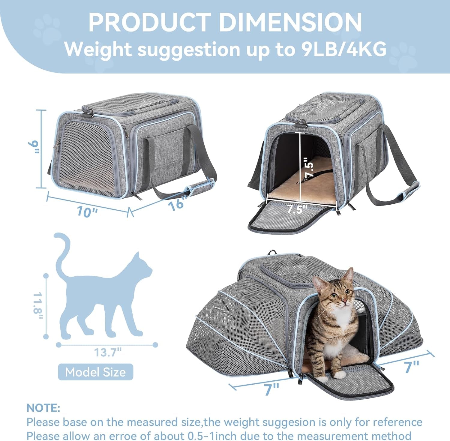Portable Washable Pet Travel Carrier with Two Extension up to 9LB