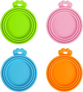 Colorful silicone pet food can covers for dogs and cats in green, pink, blue, and orange.