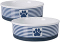 Ceramic Pet Bowl Set for Food and Water with blue stripes and paw print design