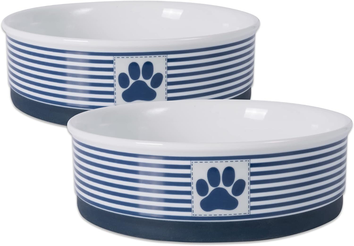 Ceramic Pet Bowl Set for Food and Water with blue stripes and paw print design