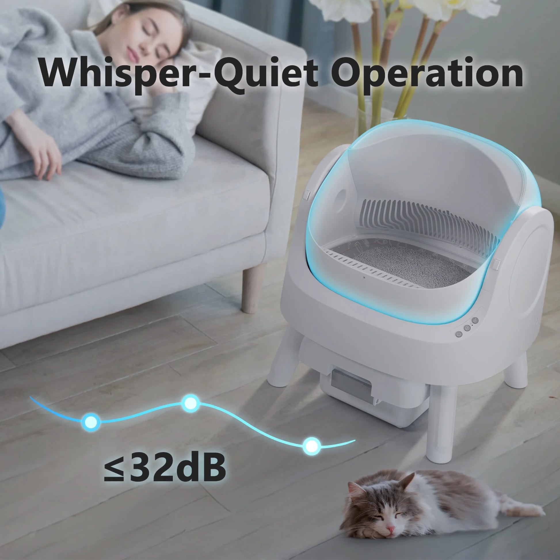 Self-Cleaning Litter Box with whisper-quiet operation ≤32dB for home comfort.