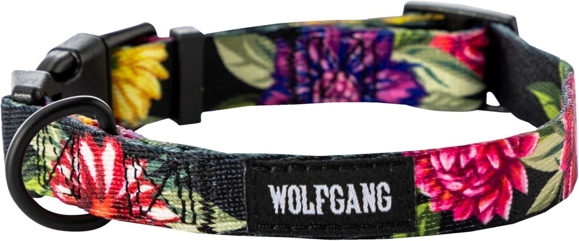 Wolfgang Heavy Duty Adjustable Dog Collar featuring vibrant floral design and quick-release buckle.